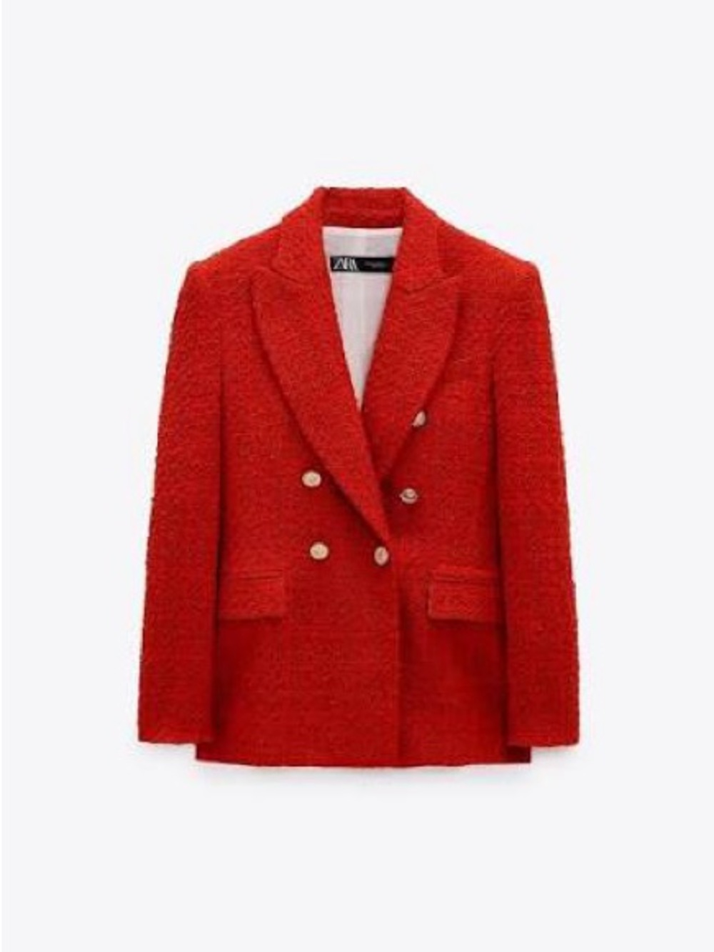 Zara Red Double-Breasted Bouclé Blazer with Gold Buttons